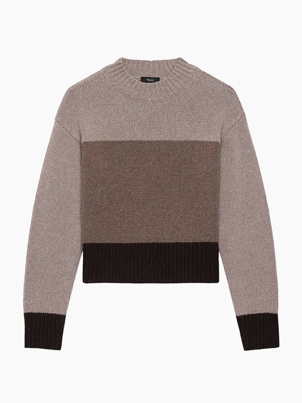Theory Colorblock Ribbed Crewneck Sweater in Taupe, Brown & Dark Brown